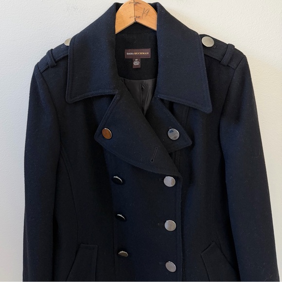 Dana Buchman Black Wool Blend Double-Breasted Pea Coat, Sz L - Picture 7 of 12